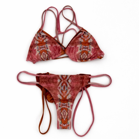 Niyama Sol Java Nadi Boho Ikat Triangle Bikini Set Pink & Rust Strappy Size M - Picture 3 of 11